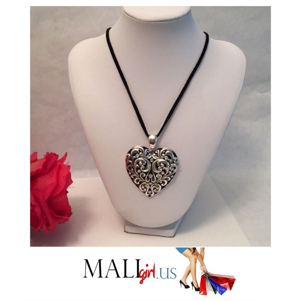 Silver Filigree Heart Pendant &  Suede Necklace